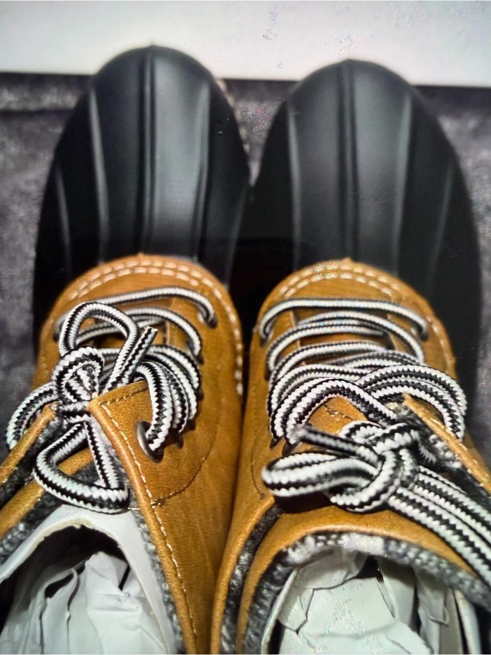 Report Tan and Black Lace-Up Duck Boots